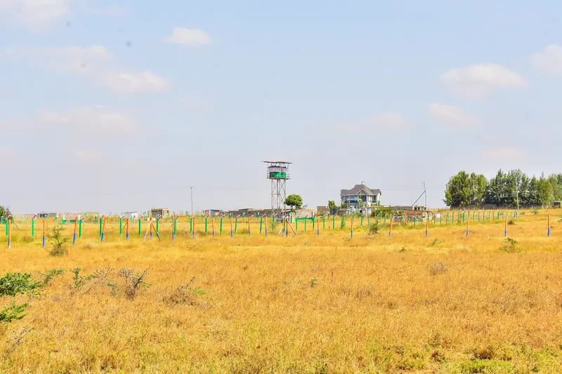 Nearby: homes and a water tower next to the estate
