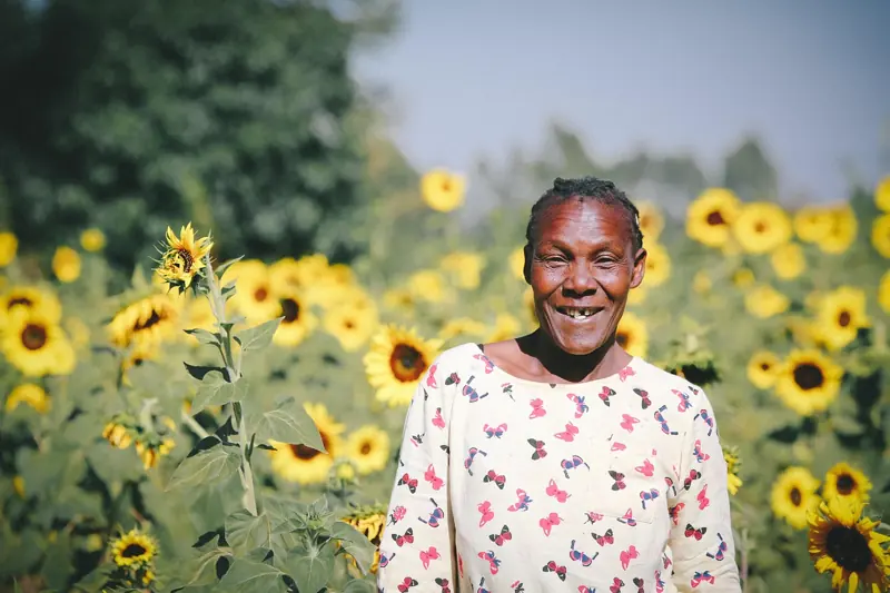 A woman smiling in a field of sunflowers